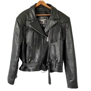 Vintage First Moto Jacket Fringe Black Leather
Belted Waist Retro Biker-Sz. 12